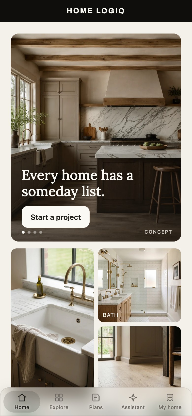 Home LogiQ: current home screen with room inspiration and project navigation