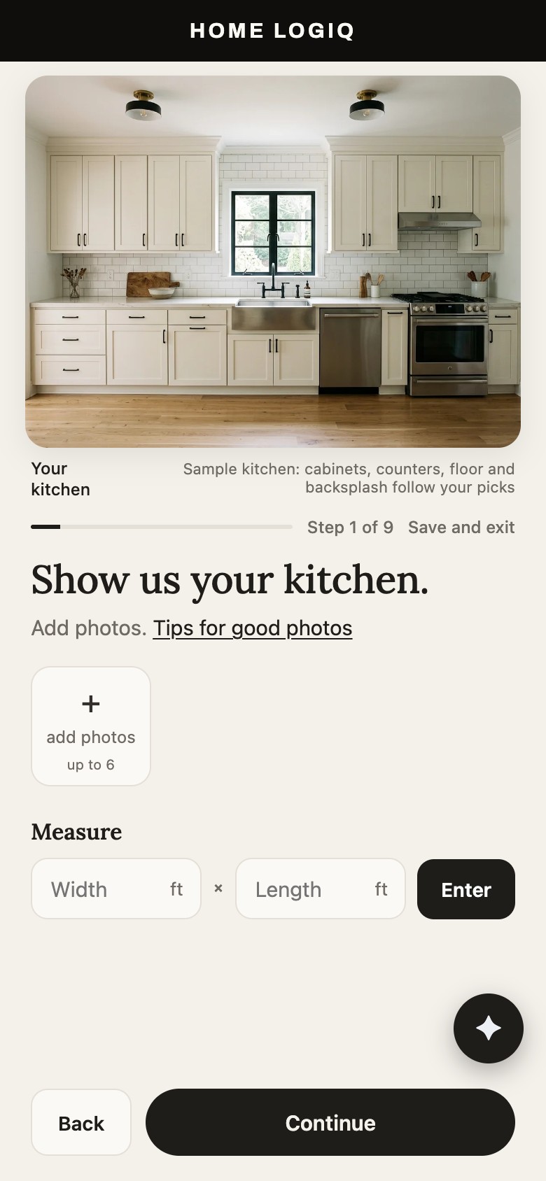 Home LogiQ kitchen planning screen with photo and measurement inputs